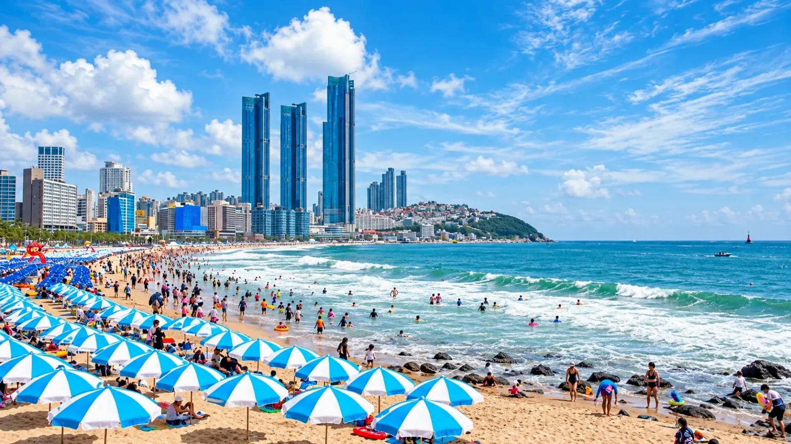 Bãi biển Haeundae sôi động tại Busan khi du lịch Hàn Quốc