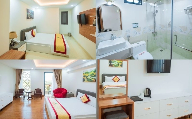 Phòng nghỉ được bài trí tinh tế với ánh sáng dịu nhẹ, tạo nên một không gian ấm áp và sang trọng tại khách sạn Gò Vấp
